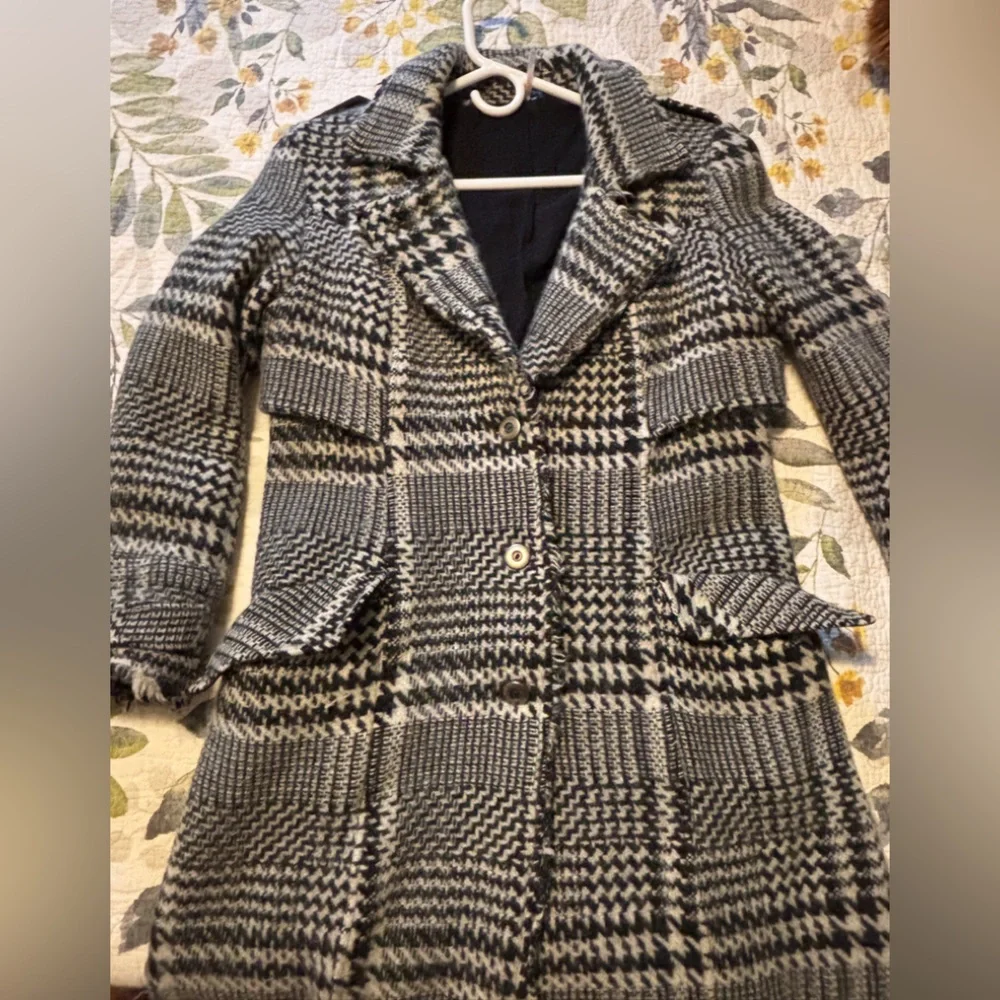 Free People Black and White Houndstooth Wool-Blend Raw Edge Long Coat